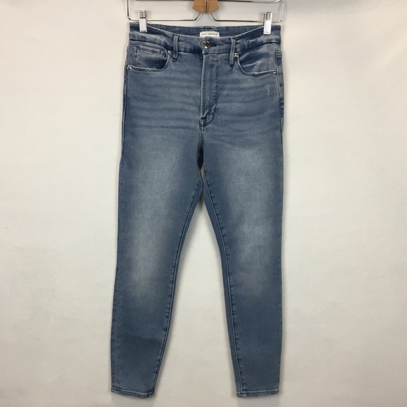 Good American Good Waist Cropped Skinny Split Back Pocket Blue Jeans Size 6/28 - Picture 2 of 12